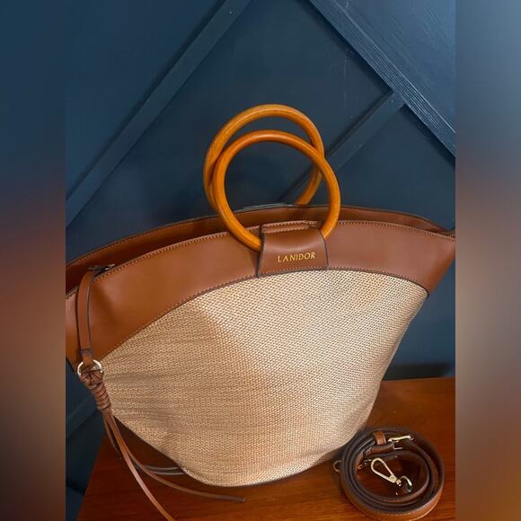 Lanidor Woven Satchel Purse w/ Leather Details Wood Top Handle Adjustabl… - Picture 2 of 9